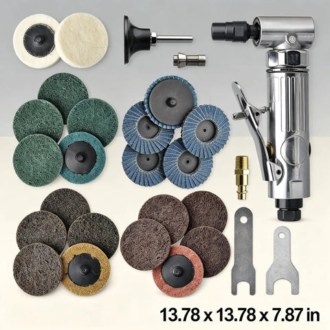 1/4 Inch Angle Air Die Grinder Badass Heavy Duty Tool With 22 Piece Quick Change Sanding Kit, accessories and attachments displayed.
