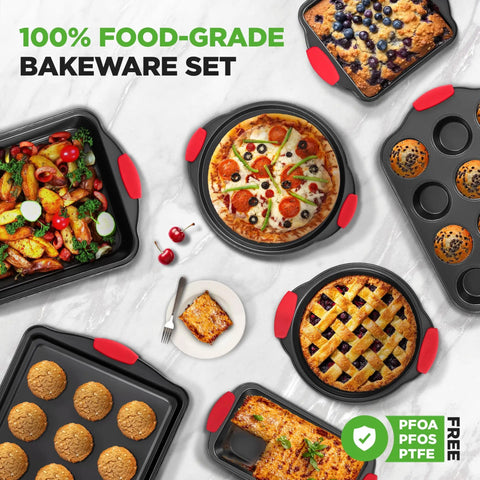 Deluxe Nonstick Bakeware Set 8 Piece Kitchen Pan Collection With Pizza Pan, Round Pans, Square Pan, Loaf Pan, Large Cookie Sheet