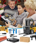 Family enjoying 2 In 1 RC Forklift Toy With Transforming Lift And Hook Crane 11 Channel Remote Control Vehicle set as a gift