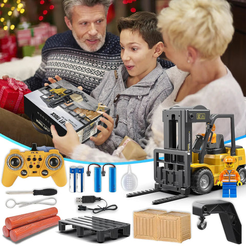 Family enjoying 2 In 1 RC Forklift Toy With Transforming Lift And Hook Crane 11 Channel Remote Control Vehicle set as a gift