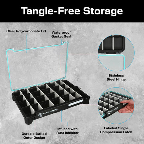 BallistiX 3.7 Tackle Tray Waterproof Lure Box With Clear Polycarbonate Lid open showing dividers and anti-rust features