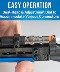 Universal Dual Head Coaxial Compression Tool For F BNC And RCA Connectors showing dual-head and adjustment dial