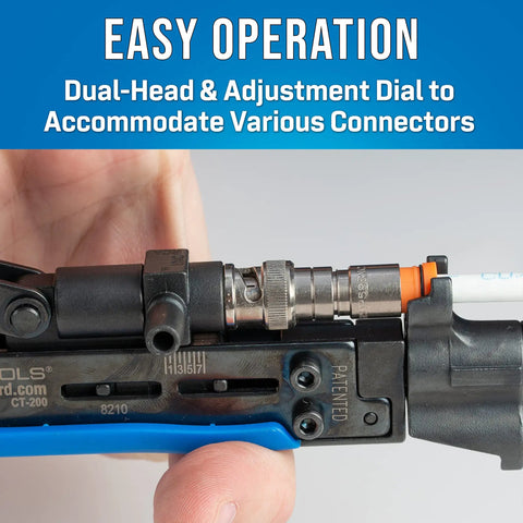 Universal Dual Head Coaxial Compression Tool For F BNC And RCA Connectors showing dual-head and adjustment dial