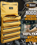 Heavy Duty Roll Up Tool Bag With Kevlar Stitches And YKK Zipper, 1200D Ballistic Nylon Tool Roll Organizer hanging open with tools.