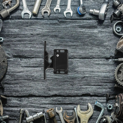 RV Cabinet Door Latches With Screws, Pull-To-Open Camper Cabinet Latch on wooden background with tools, compact design black ABS plastic