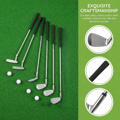 Alloy Mini Golf Club Set With Six Clubs And Four Balls For Dollhouse Dioramas And Display Scenes on green surface, close-up on craftsmanship