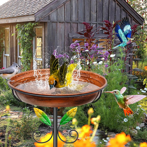 Metal Bird Bath And Feeder Stand For Outdoors, 38.8 Inch Detachable Birdbath With Hummingbird Flower Reliefs in garden