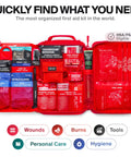 SurviveX Large First Aid Kit, red nylon case opened with organized wound care supplies