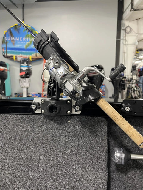 Rod Holder Mount Bracket For Boats With SureMount Track Systems Blackout Finish, Fits Straight Or Angled Gunwale Tracks, Compact 2 Inch Wide By 6 And A Half Inch Long, Easy Access Knobs With Knurled Bolt Head Position Control mounted on boat track