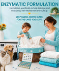 Mother and child doing laundry with Deep Clean Your Washing Machine With Enzyme Formula Cleaner Tablets for pet hair and grime removal.