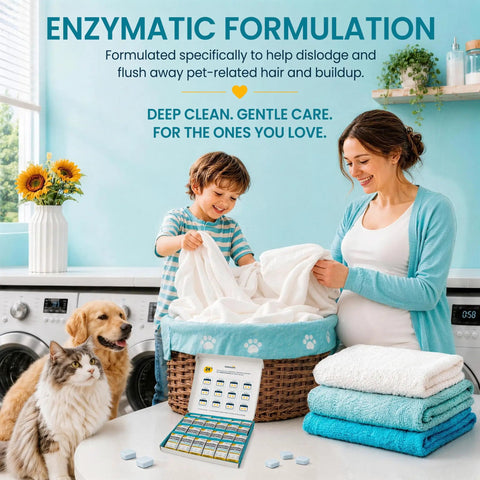 Mother and child doing laundry with Deep Clean Your Washing Machine With Enzyme Formula Cleaner Tablets for pet hair and grime removal.