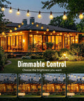 Outdoor String Lights Hanging Globe Patio Lights With 50 G40 Shatterproof Bulbs illuminating house, dimmable options shown