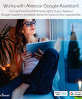 Woman using tablet to control Smart WiFi Pathway Lights Two Pack Extension Kit, 800 Lumen Tunable Dimmable LED Dope Landscape Lighting