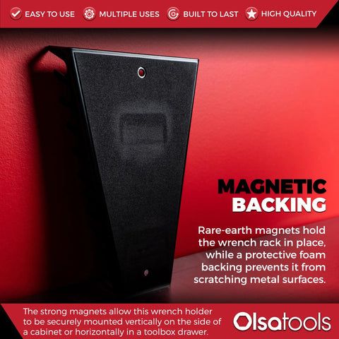 Must Have 12 Slot Wrench Organizer With Magnetic Backing Wall Mount Rack showcased with magnetic backing detail