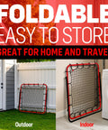 Foldable rebounder net shown outdoors against a fence and indoors by a wall, ideal for soccer and football training.