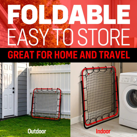 Foldable rebounder net shown outdoors against a fence and indoors by a wall, ideal for soccer and football training.
