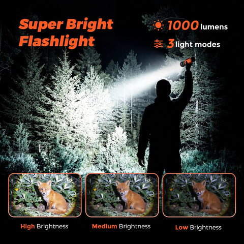 Person using Rechargeable LED Flashlight With Zoomable Head And 180 Degree Swivel in forest demonstrating brightness modes at night.