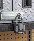50mm Laminated Steel Padlock 2 Pack With Beefy Boron Shackle securing metal cabinet, soft touch TPE cover visible