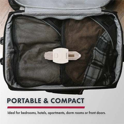 Portable door lock for inward swinging doors, durable metal construction, lightweight and compact, no tool installation.