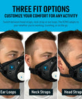All Day Reusable Air Filtration Mask With Ninety Nine Point Eight Percent Filtration Real Talk Breathability Boost Up To Fifty Percent 360 Degree Seal And Three Straps Trusted By First Responders Carbon Odor And VOC Neutralizing Layer showing three fit options with ear loops, neck straps, head straps.