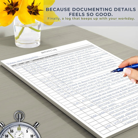 All In One Daily Activity Log Notepad for Boss Level Office Productivity and Task Tracking on desk with hand writing