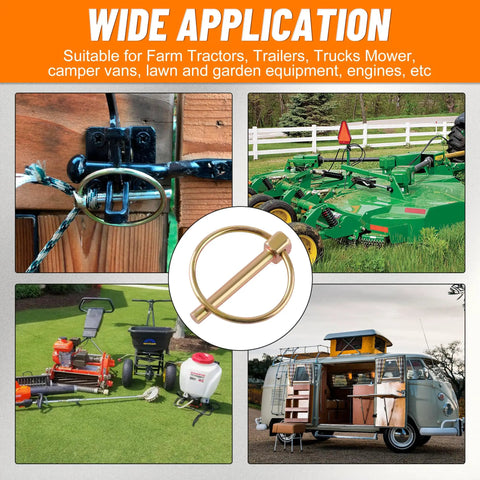 Heavy Duty Lynch Pin Kit 30 Pack For Trucks Trailers Tractors Mowers And 3 Point Hitches applications shown in various settings
