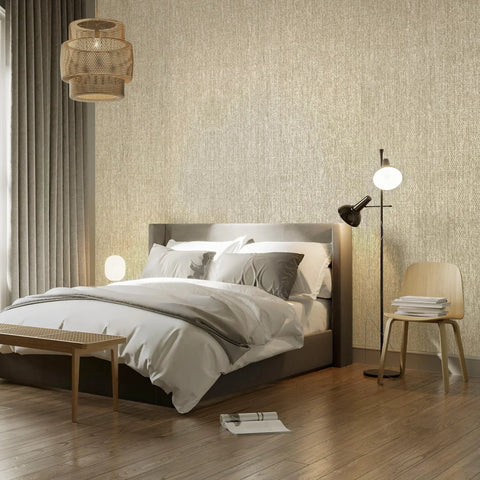 Bedroom with Terraces Natural Paper Weave Wallcovering 36 Inch Wide 8 Yard Roll Biscotti Color and Grasscloth Texture on Feature Wall