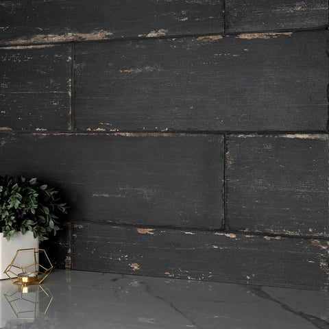 Retro Nero Porcelain Floor And Wall Tile 8.25 X 23.5 Inches Glazed Textured Low Sheen with plant decor and marble surface