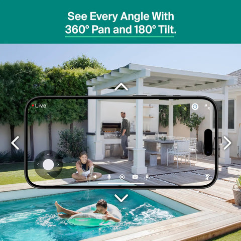 View displayed through 2K Pan Tilt Outdoor Security Camera System With Plug In Power No Blind Spots 360 Degree View Motion Tracking Person Recognition Package Detection Animated Preview Dual Band WiFi 2 Cameras 1 Month Secure Plan Trial.