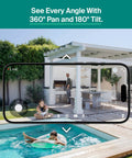 Pan Tilt 2K Outdoor Security Camera with Plug In Power Real Time Alerts Person Recognition view of backyard with pool and patio