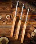 Carbide Woodturning Lathe Tools 17 Inch Full Size Tool Set Of 3 Rougher Detailer Finisher on rustic wood background