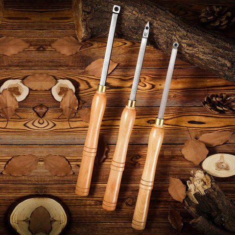 Carbide Woodturning Lathe Tools 17 Inch Full Size Tool Set Of 3 Rougher Detailer Finisher on rustic wood background