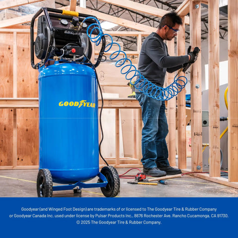 Whisper Quiet 26 Gallon Vertical Air Compressor 175 Psi Oil Free Electric Workshop Beast in use with spray gun during woodworking.