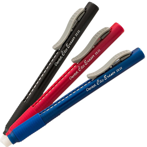 Clic Retractable Eraser With Grip Pack Of 3 Assorted Barrel Colors Latex Free White Eraser Refillable And Extra Long For Grab