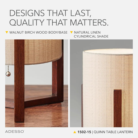 Close-up of Quinn Table Lantern with walnut birch wood crisscross base and natural linen shade, showcasing modern and vintage blend.