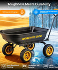 Heavy Duty Garden Dump Cart With No-Flat 10-Inch Tires, 600lb Capacity, 4 Cu Ft Utility Wagon, Quick-Release Dump shown in harsh conditions.