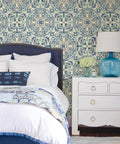 Bedroom with Florentine Tile Peel and Stick Wallpaper in Blue, Floral Pattern for Walls, Installs Fast and Removes Cleanly