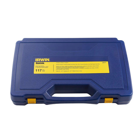 Blue plastic case for Pro Grade 117 Piece Tap And Die Set For Machine Screws And Fasteners With Fractional And Metric Taps Dies.