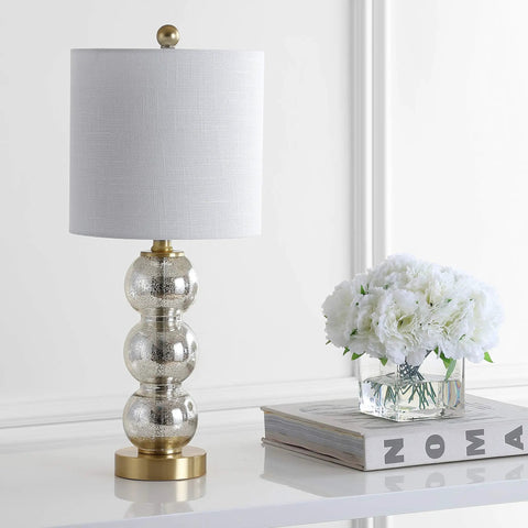 Mercury Glass And Brass Table Lamp With White Linen Shade For Bedroom And Living Room with stacked sphere design