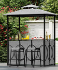Outdoor Patio Bar Set With Grill Gazebo And Two Bar Stools, Three Piece Bar Table Set With Tempered Glass Bar Table, Double Tier Soft Top Canopy, Metal Storage Shelves And Glass Holders, Grey Backyard BBQ Shelter For Friends And Family Hangout