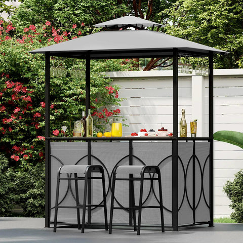 Outdoor Patio Bar Set With Grill Gazebo And Two Bar Stools, Three Piece Bar Table Set With Tempered Glass Bar Table, Double Tier Soft Top Canopy, Metal Storage Shelves And Glass Holders, Grey Backyard BBQ Shelter For Friends And Family Hangout