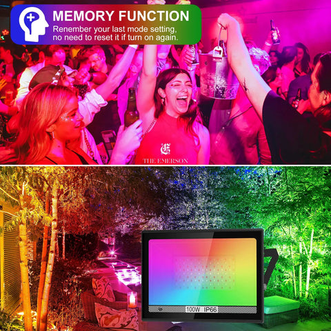 RGB LED Flood Lights 1000W Equivalent Outdoor IP66 Waterproof 2 Pack With Remote 16 Colors Party and Garden Lighting