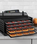 No Sweat Premium Electric Food Dehydrator With Clear Viewing Door And Five Stackable Trays features sliced strawberries and oranges.