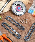 Badass 3 Piece Wood Carving Chain Disc Set Engineered For 4 And 4 1 2 Inch Angle Grinders on a wooden surface with tools.