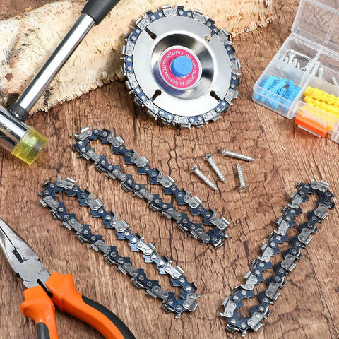 Badass 3 Piece Wood Carving Chain Disc Set Engineered For 4 And 4 1 2 Inch Angle Grinders on a wooden surface with tools.