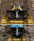 Powerful 13.5 Amp Electric Tiller Cultivator With 18 Inch Wide Tilling, 6 Steel Tines shown digging 8.7 inch depth