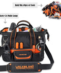13-Inch Pro-Grade Tool Carrier For Electricians And HVAC Techs Compact 32-Pocket Organizer With Easy-Access Pop-Up Mouth And Orange Lining Heavy-Duty 1680D Ballistic Fabric Mens Drill Bag shown with tools.