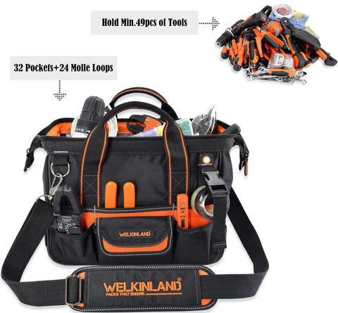 13-Inch Pro-Grade Tool Carrier For Electricians And HVAC Techs Compact 32-Pocket Organizer With Easy-Access Pop-Up Mouth And Orange Lining Heavy-Duty 1680D Ballistic Fabric Mens Drill Bag shown with tools.