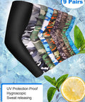 9 Pairs Unisex UV Protection Arm Sleeves Ice Silk Cooling Covers in black and camouflage designs displayed on ice