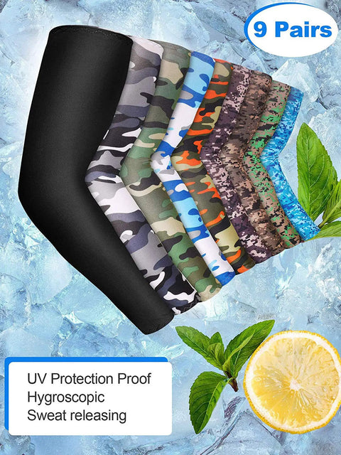 9 Pairs Unisex UV Protection Arm Sleeves Ice Silk Cooling Covers in black and camouflage designs displayed on ice